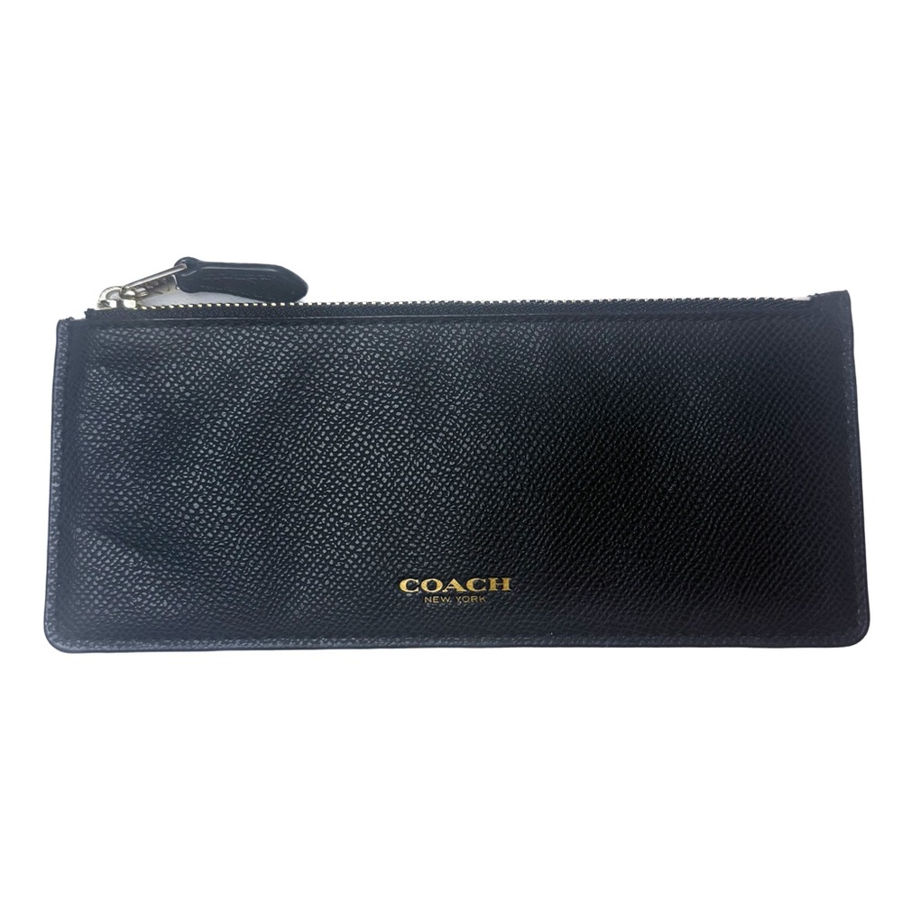 COACH Long Slim Black Saffiano Leather Top Zip Pouch Clutch Wallet Zipper EUC
